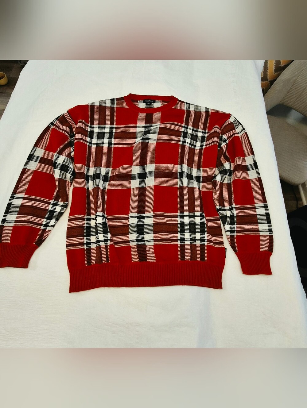 Nautica Red Plaid Crewneck Sweater with Black & Cream Accents